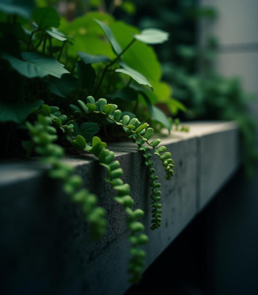 Close up of lush fern textures against a raw grey concrete wall