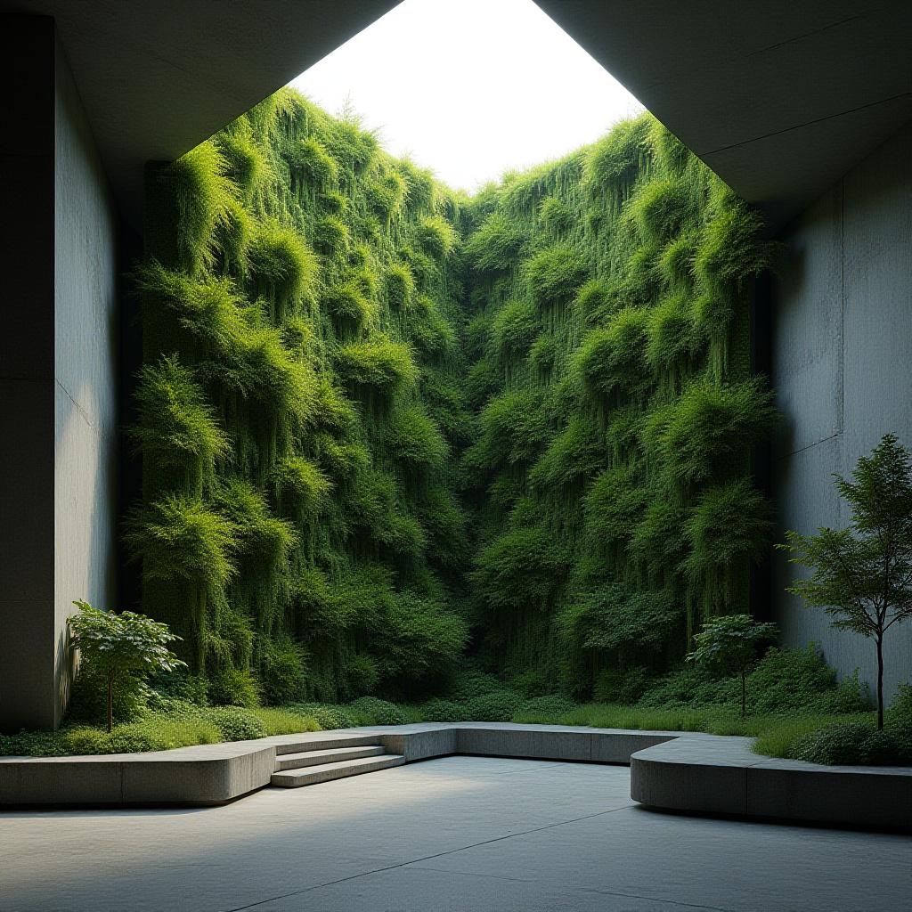 A massive lush vertical garden inside a minimal brutalist concrete space