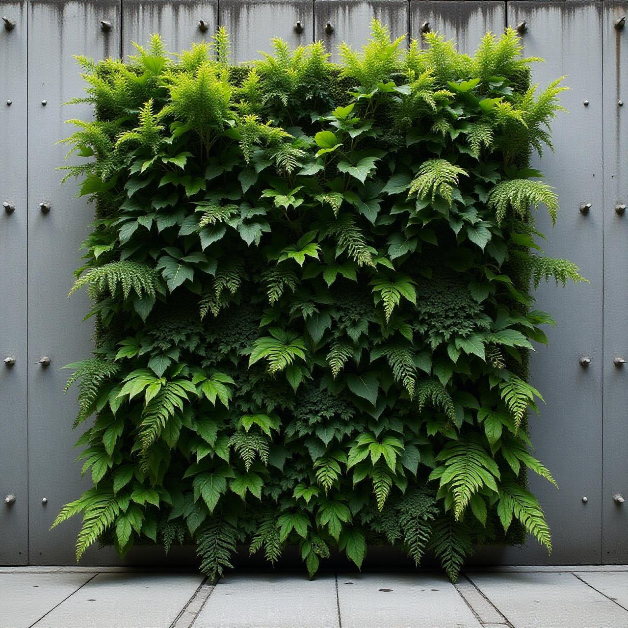 Lush green vertical garden wall against industrial Brooklyn concrete architecture