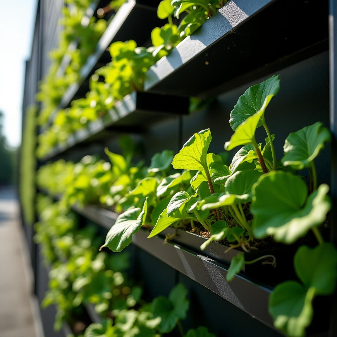 Close up of a precise architectural vertical garden structure with sharp metal edges and lush green leaves